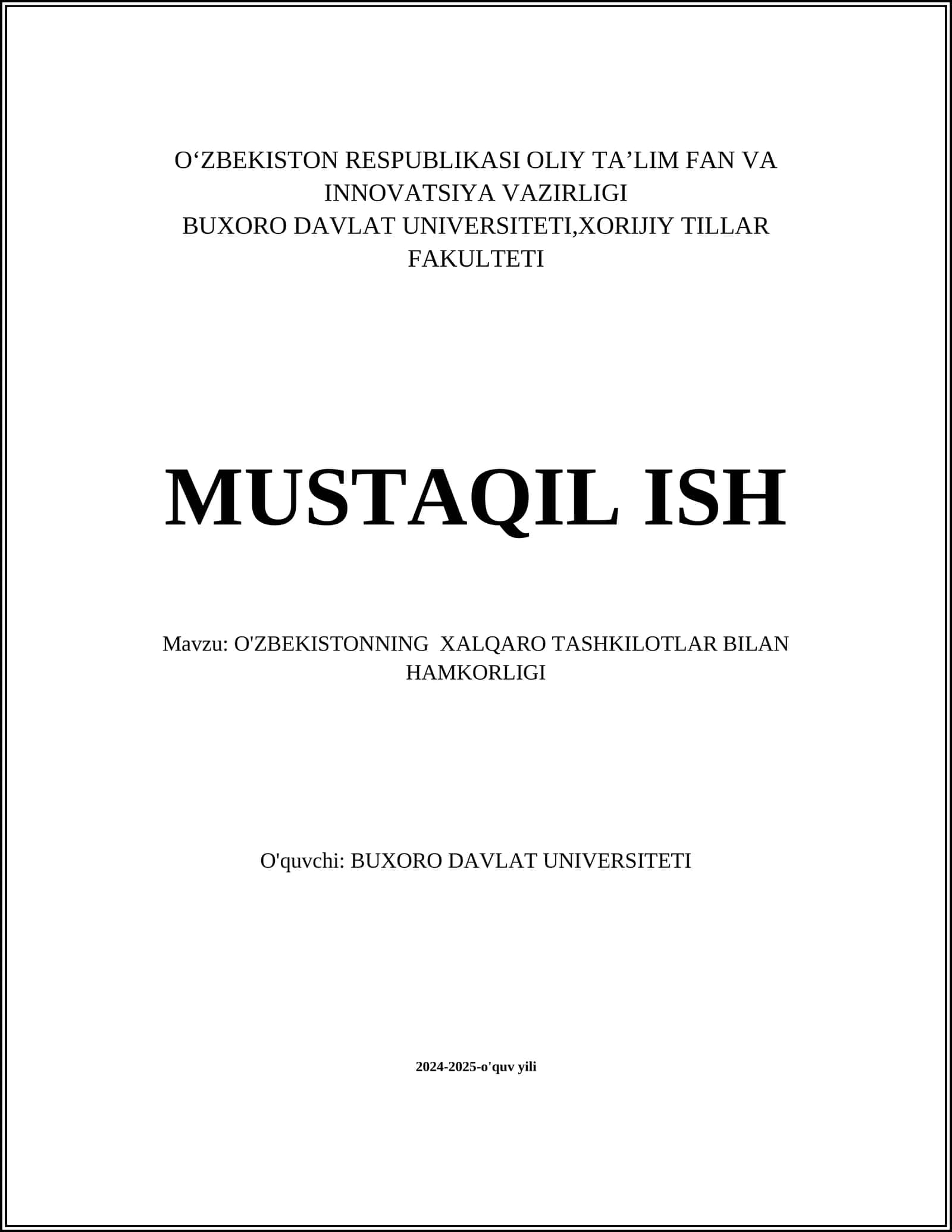 O'ZBEKISTONNING XALQARO TASHKILOTLAR BILAN HAMKORLIGI 1