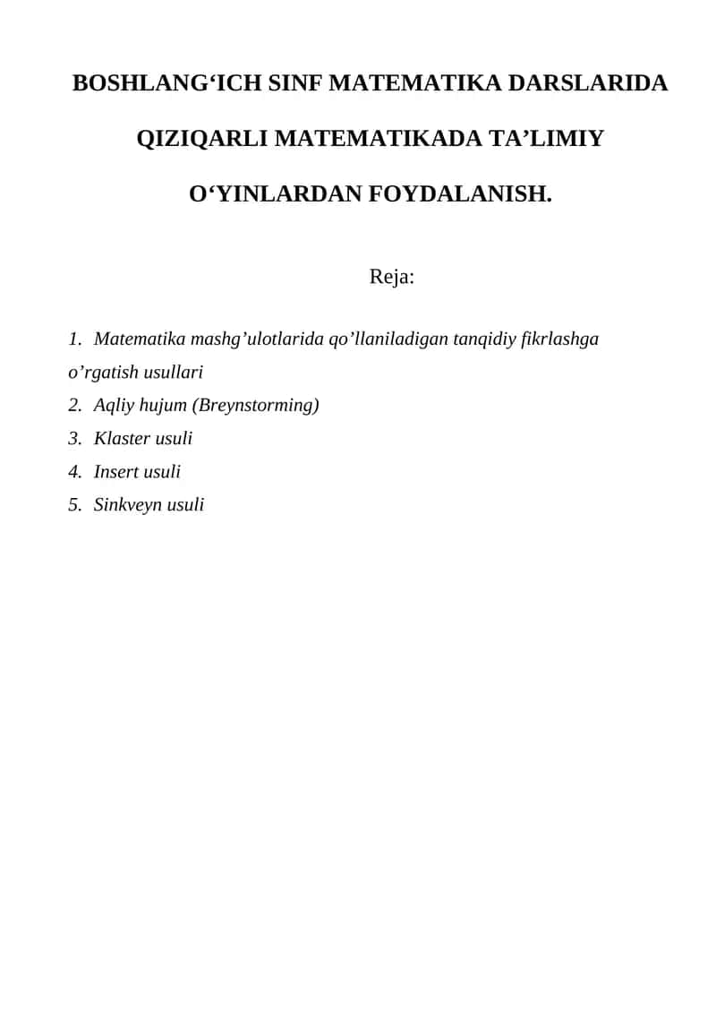 Qiziqarli matematikada ta'limiy o'yinlar 1
