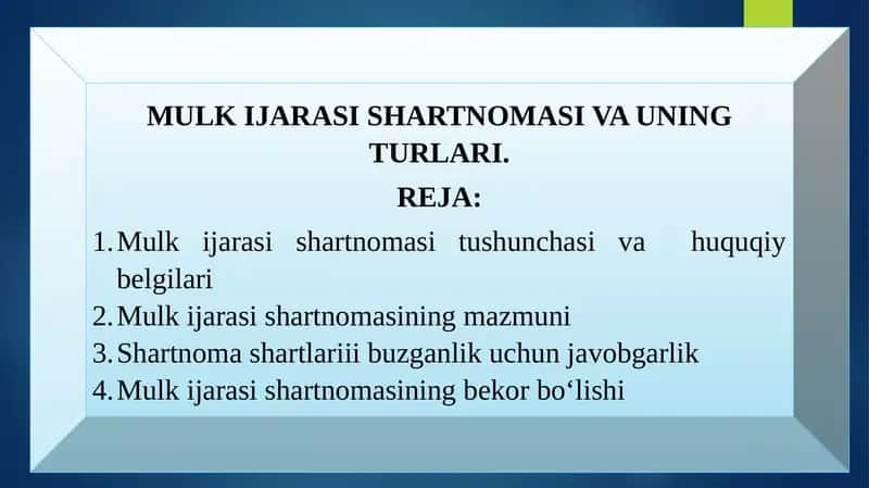 MULK IJARASI SHARTNOMASI VA UNING TURLARI 1
