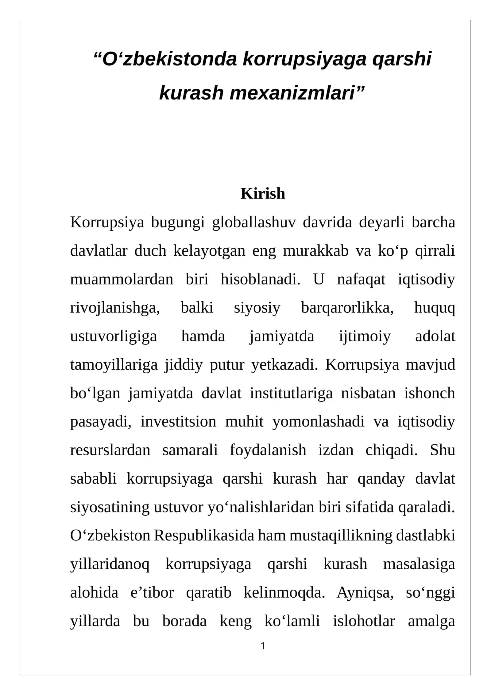 “O‘zbekistonda korrupsiyaga qarshi kurash mexanizmlari” referat 1