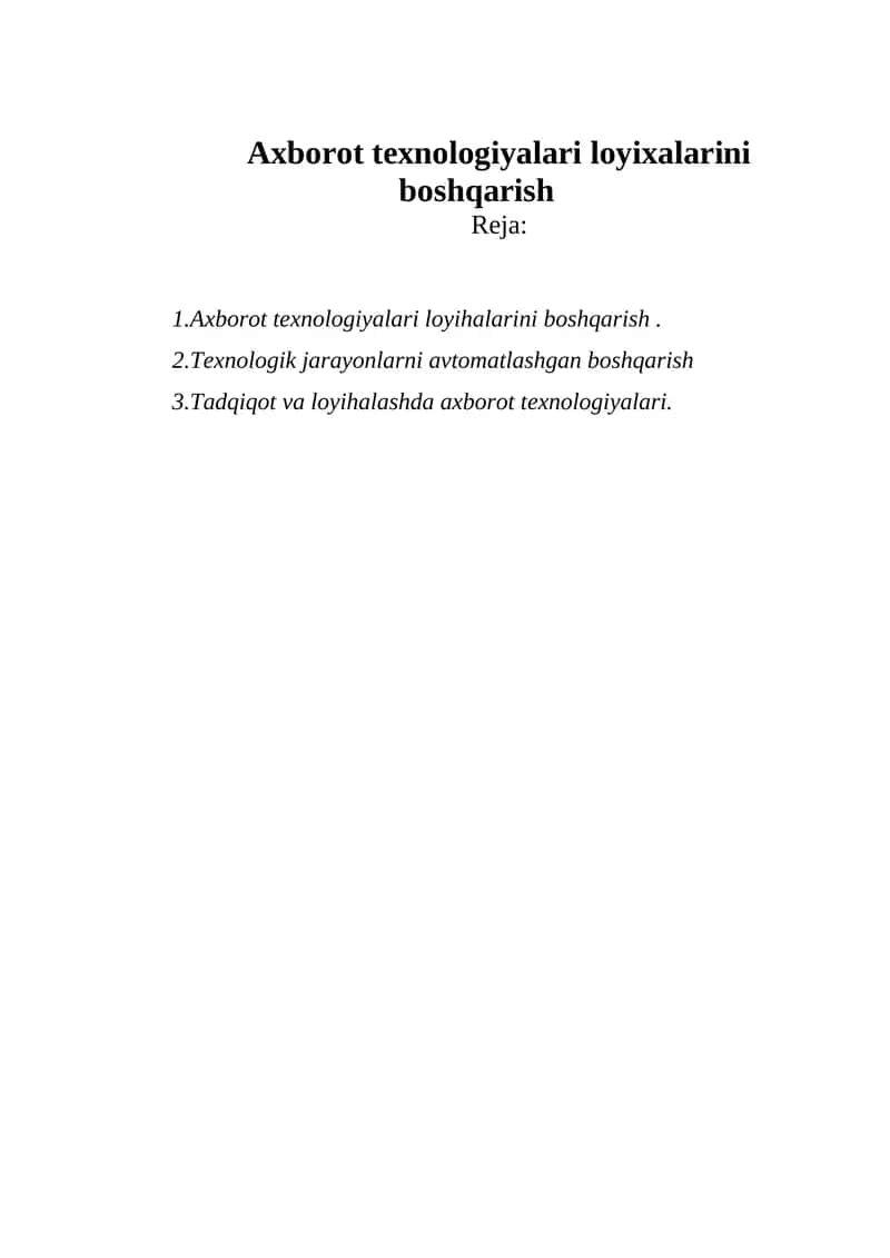 Axborot texnologiyalari loyixalarini boshqarish 1