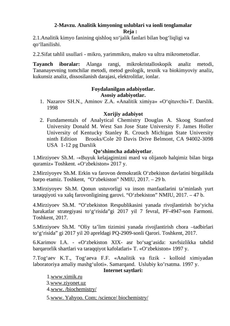 Analitik Kimyo Fanining Uslublari va Ionli Tenglamalar 1
