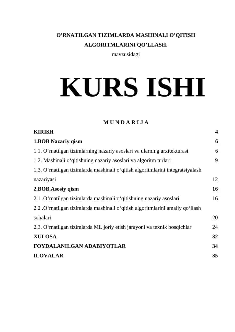 O’RNATILGAN TIZIMLARDA MASHINALI O’QITISH ALGORITMLARINI QO’LLASH 1