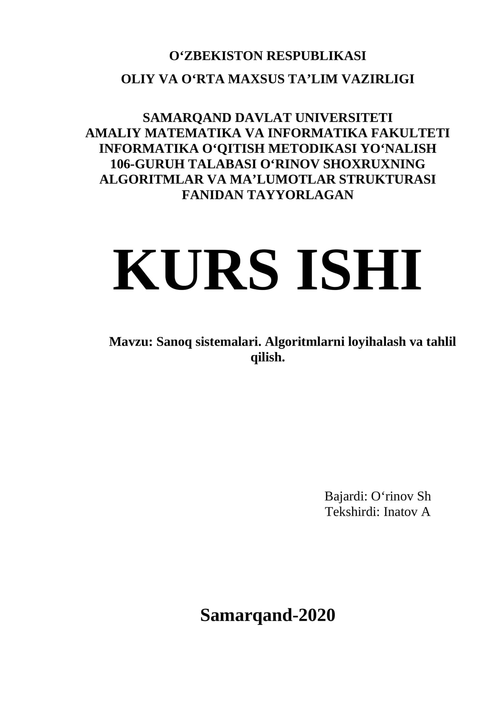 Sanoq sistemalari. Algoritmlarni loyihalash va tahlil qilish 1