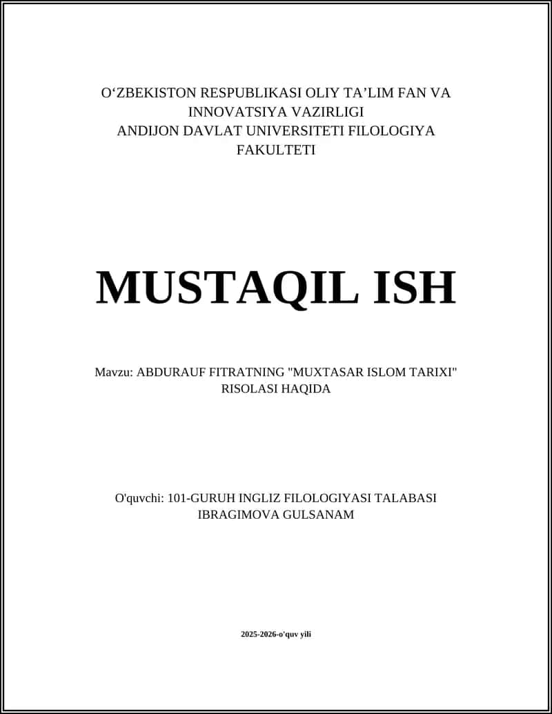 Abdurauf Fitratning "Muxtasar Islom Tarixi" Risolasi 1
