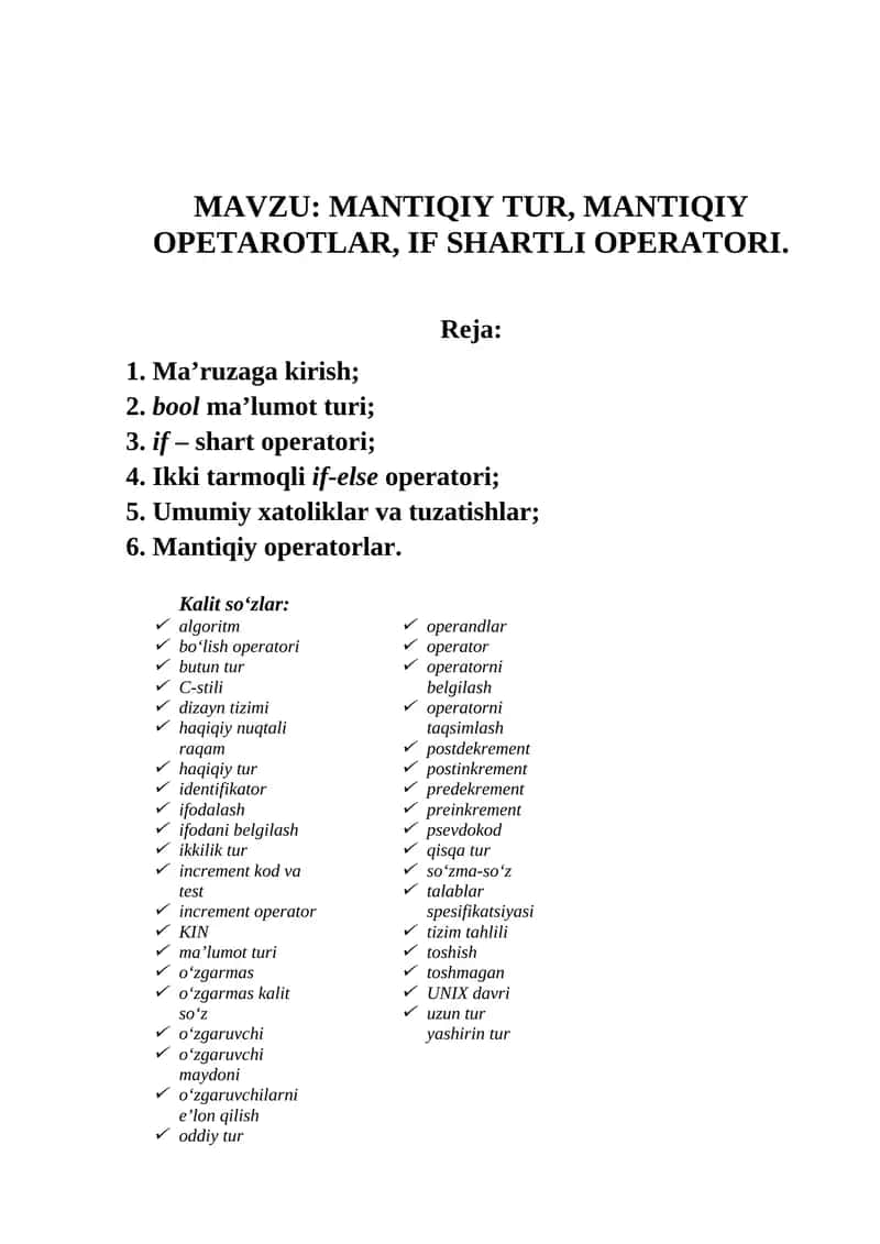 MANTIQIY TURLAR, MANTIQIY OPERATORLAR, IF SHARTLI OPERATORI 1