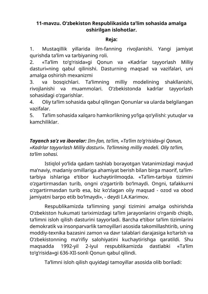 Ta'lim sohasida amalga oshirilgan islohotlar 1