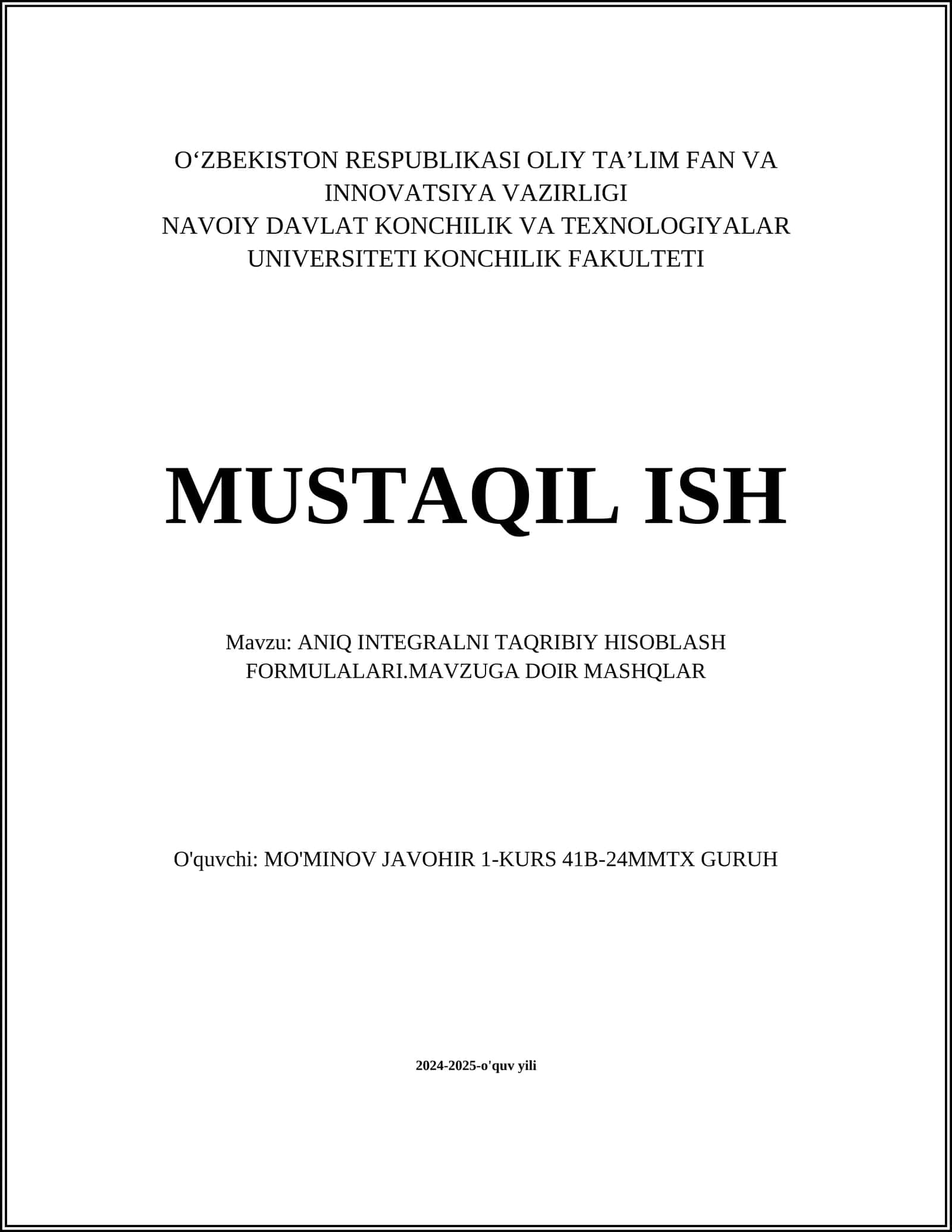 ANIQ INTEGRALNI TAQRIBIY HISOBLASH FORMULALARI 1