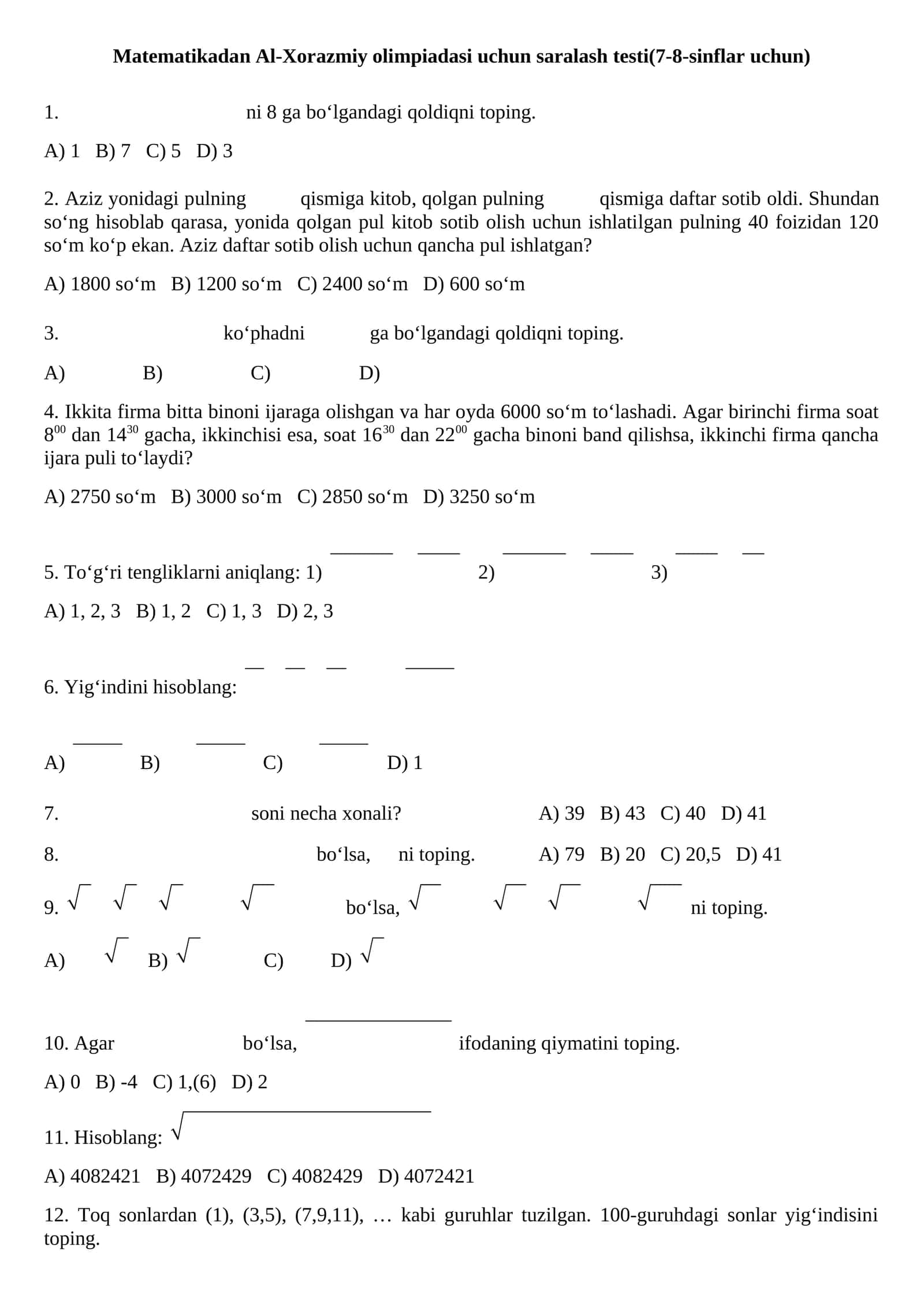 Al-Xorazmiy olimpiadasi matematika testi 1