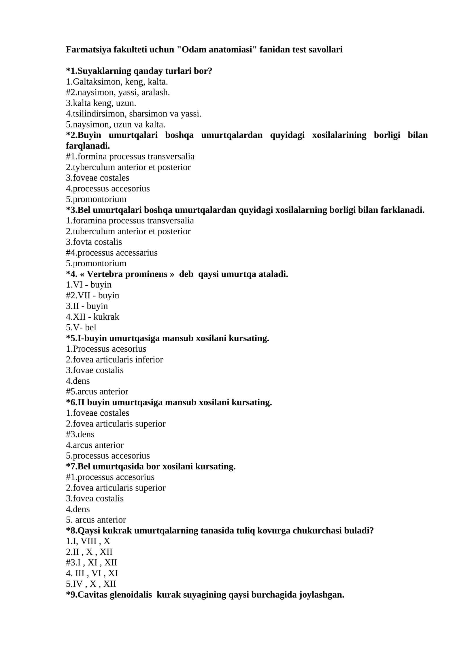 Odam anatomiasi fanidan test savollari 1