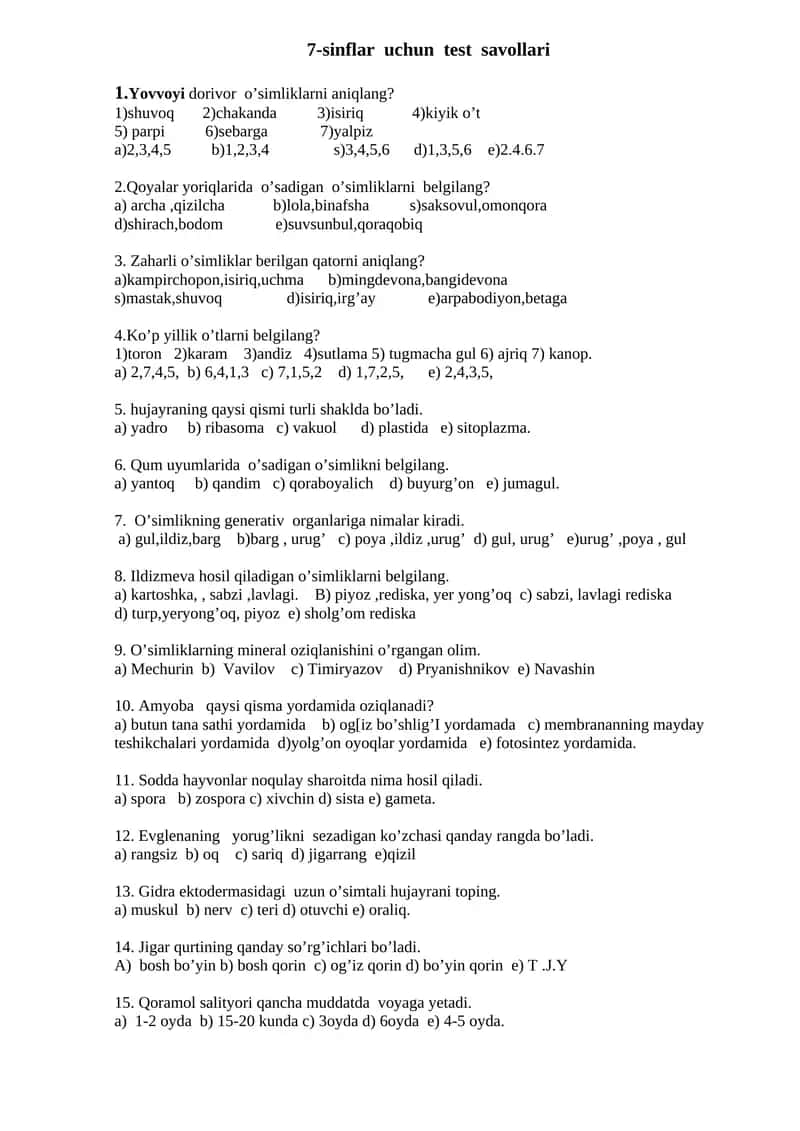 7-sinflar uchun test savollari 1