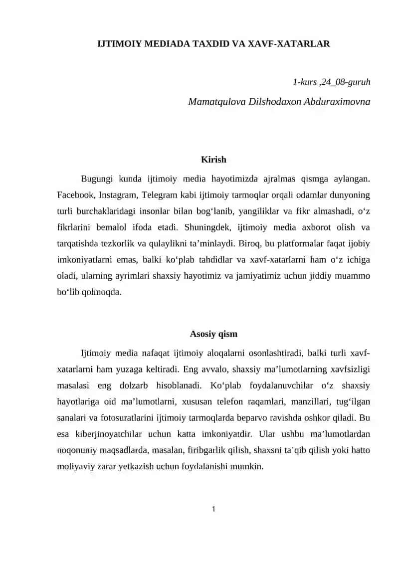 IJTIMOIY MEDIADA TAXDID VA XAVF-XATARLAR