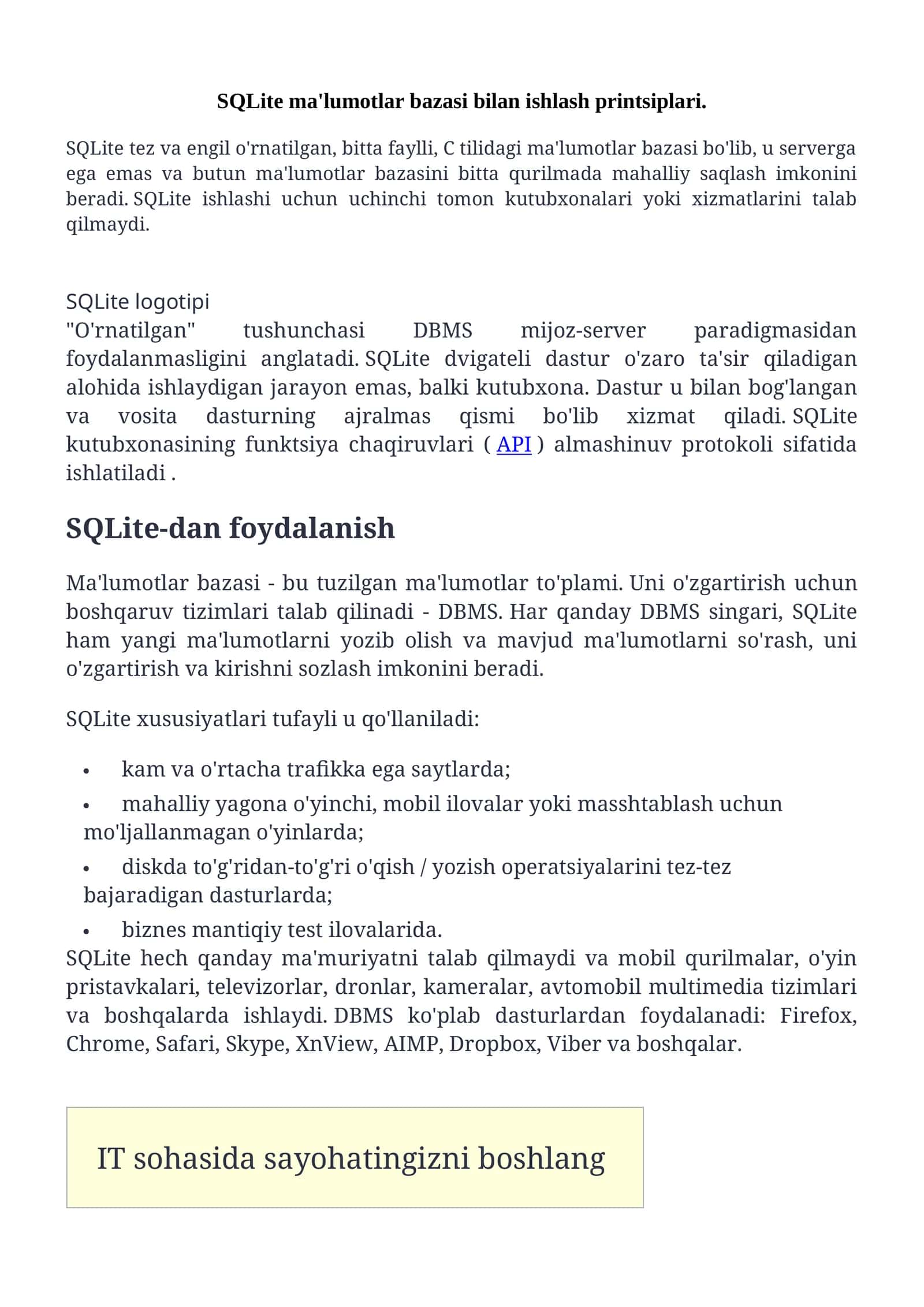 SQLite ma'lumotlar bazasi bilan ishlash printsiplari 1