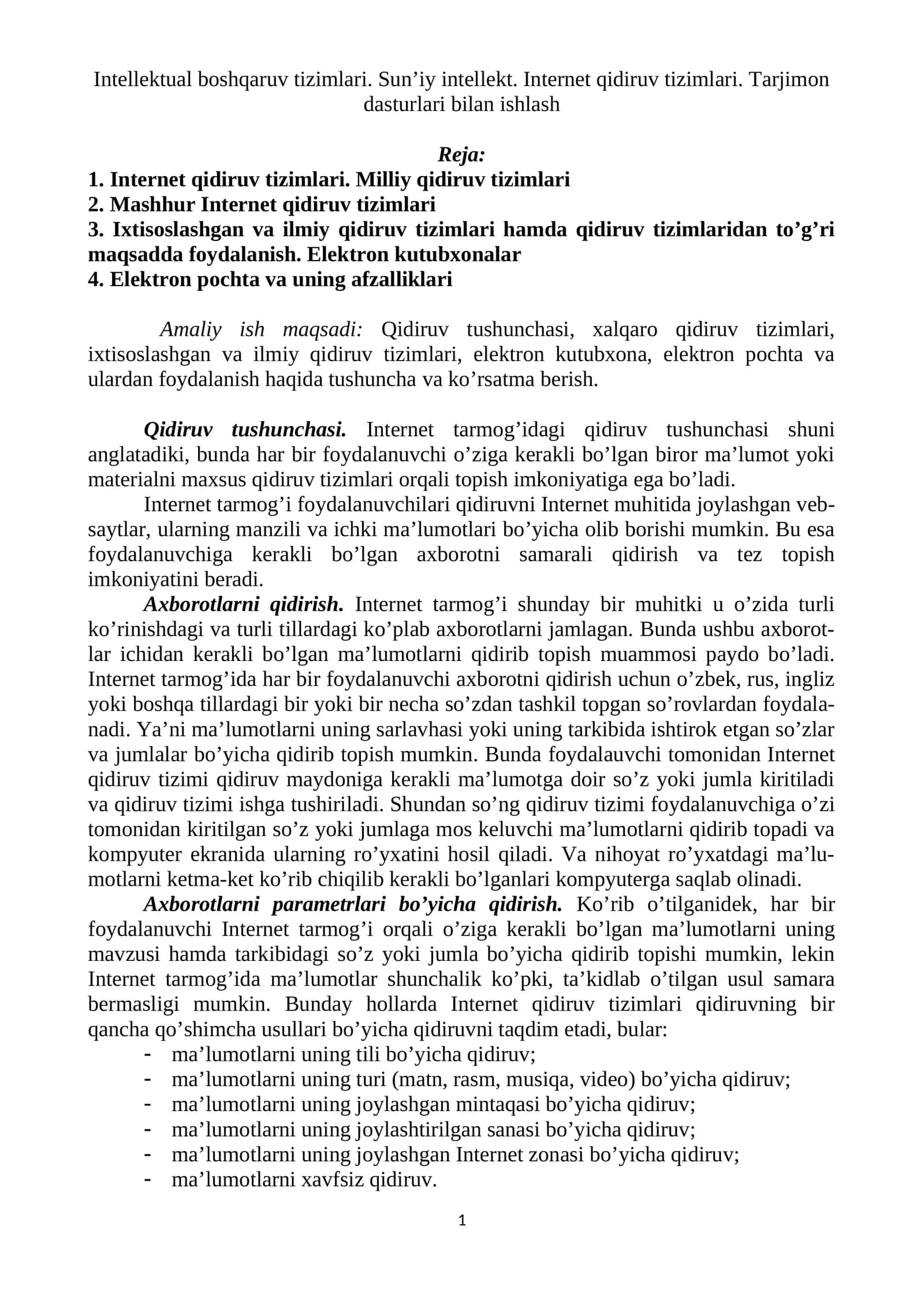 Intellektual boshqaruv tizimlari. Sun’iy intellekt. Internet qidiruv tizimlari. Tarjimon dasturlari bilan ishlash 1