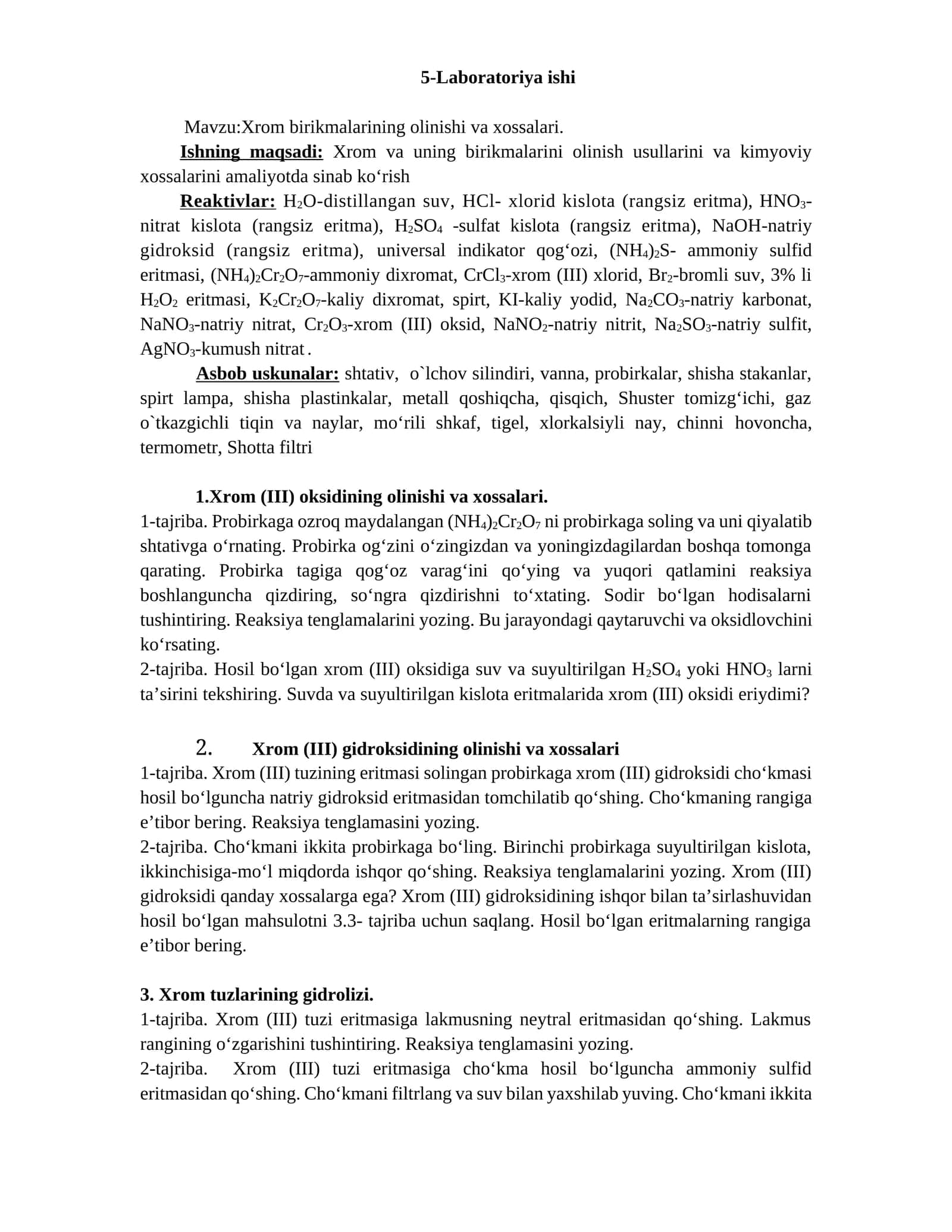 Xrom (III) oksidining olinishi va xossalari 1