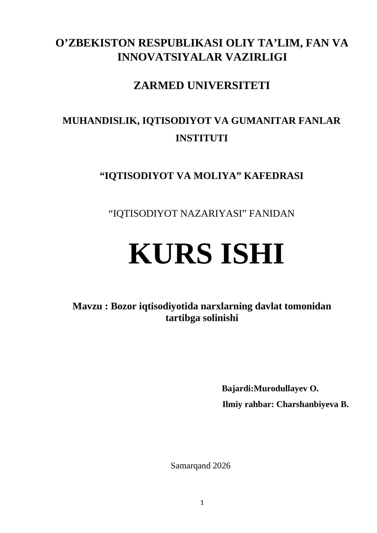 Bozor iqtisodiyotida narxlarning davlat tomonidan tartibga solinishi 1