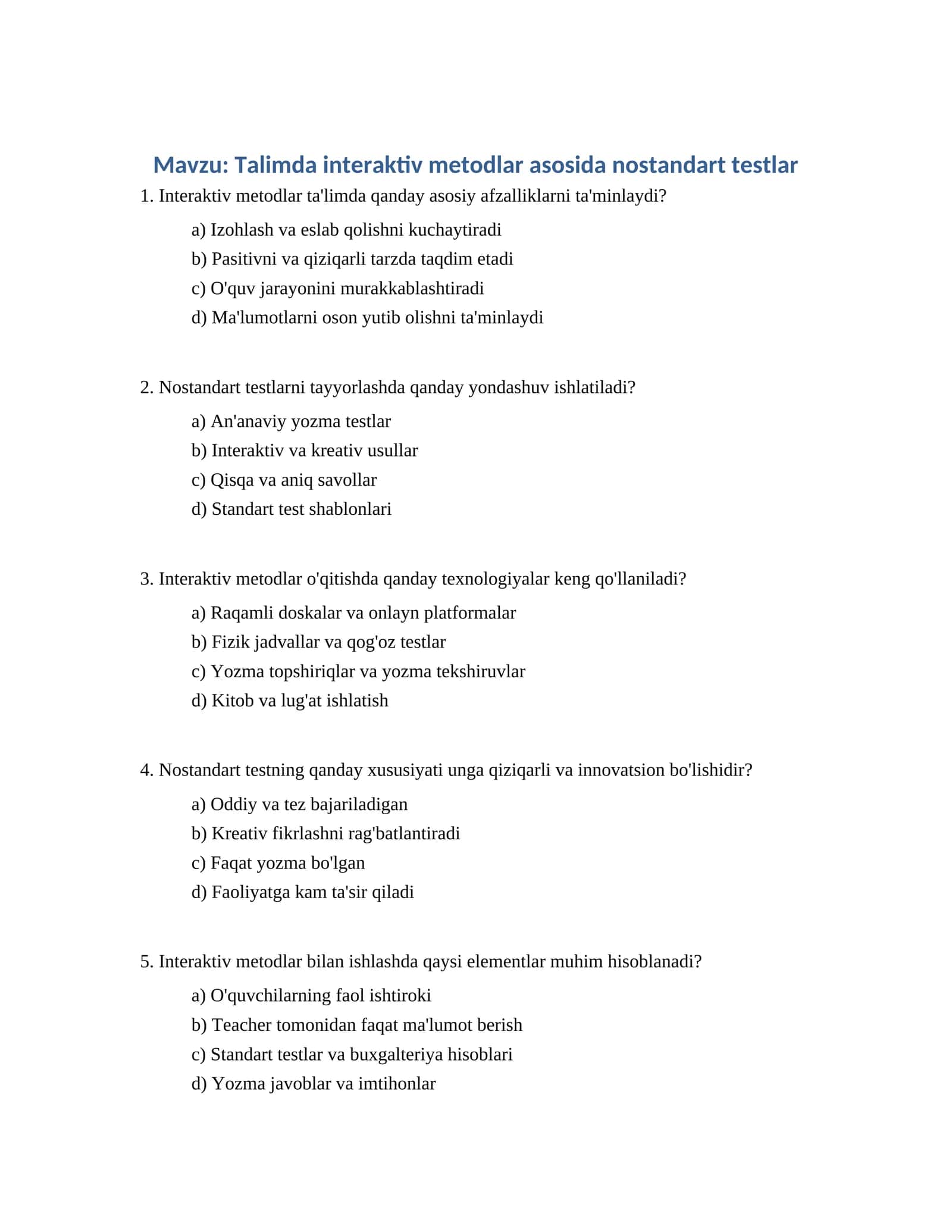 Talimda interaktiv metodlar asosida nostandart testlar 1