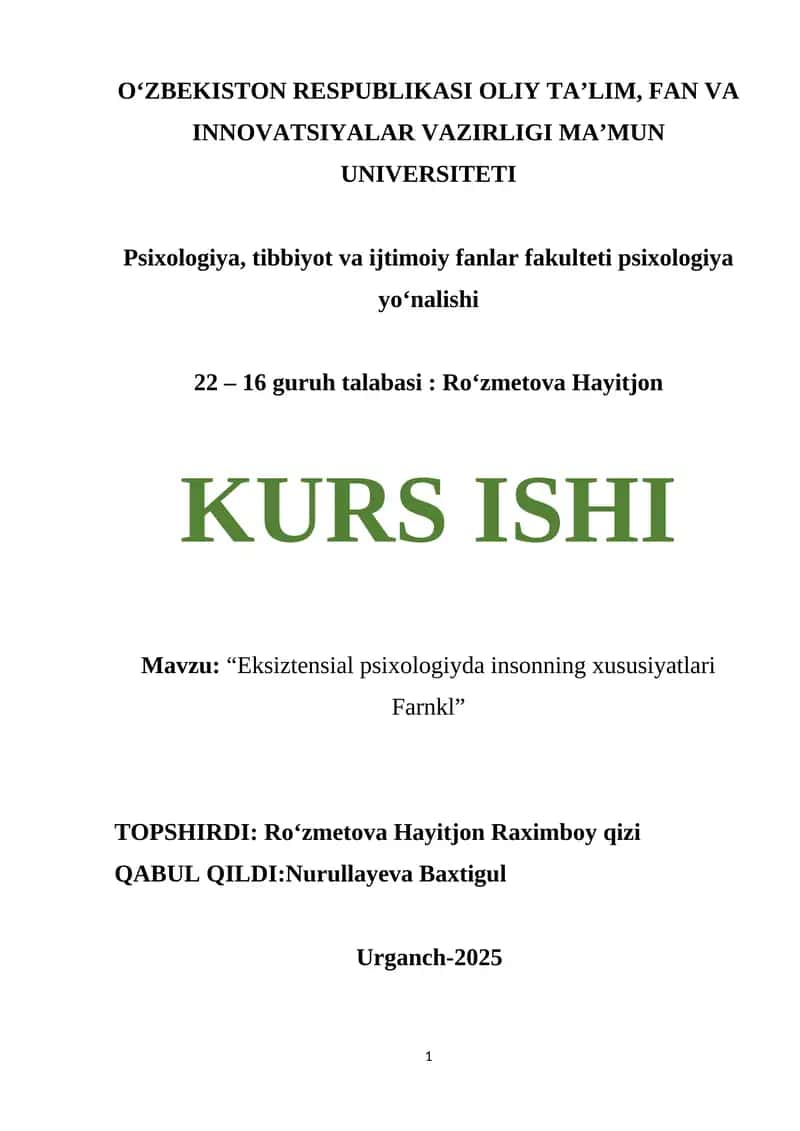 Eksiztensial psixologiyada insonning xususiyatlari Farnkl 1