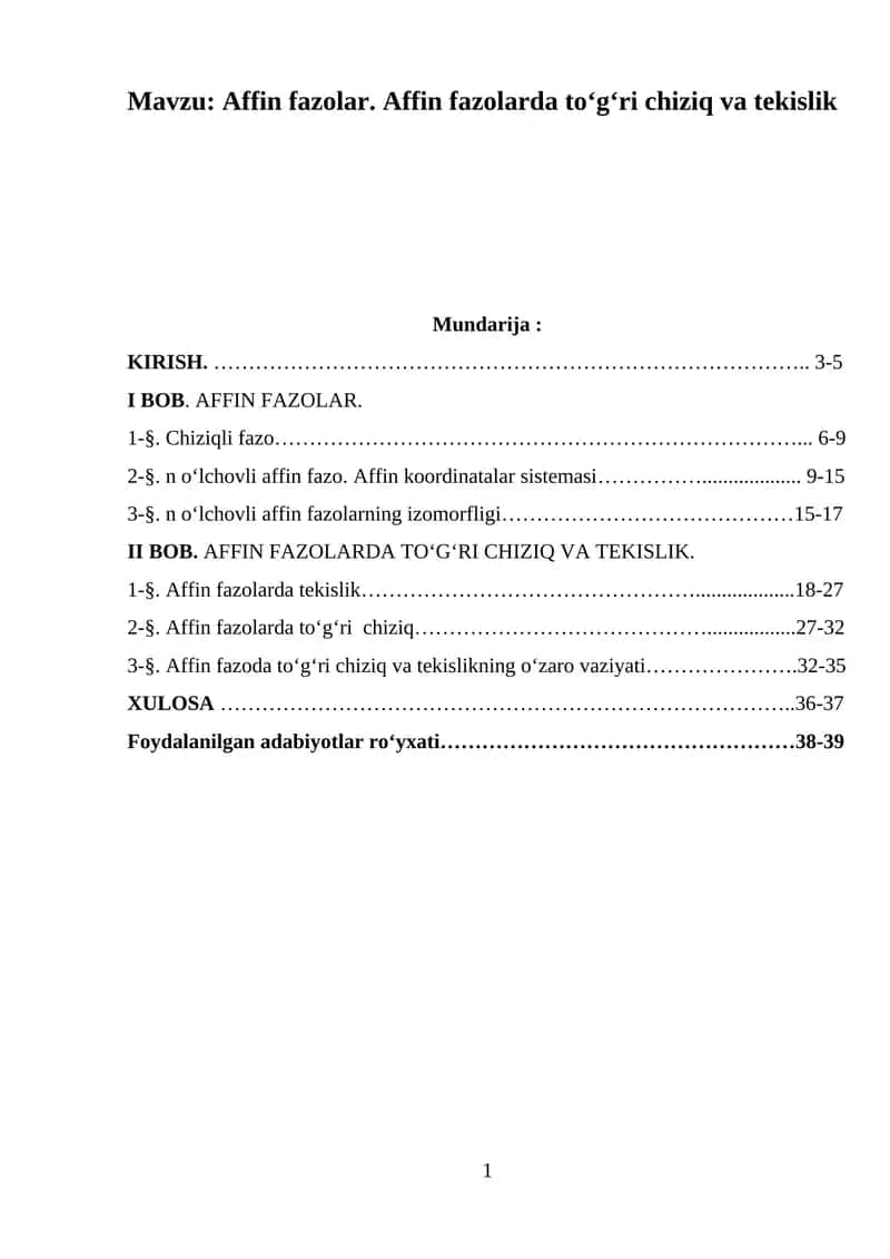Affin fazolar. Affin fazolarda to‘g‘ri chiziq va tekislik 1