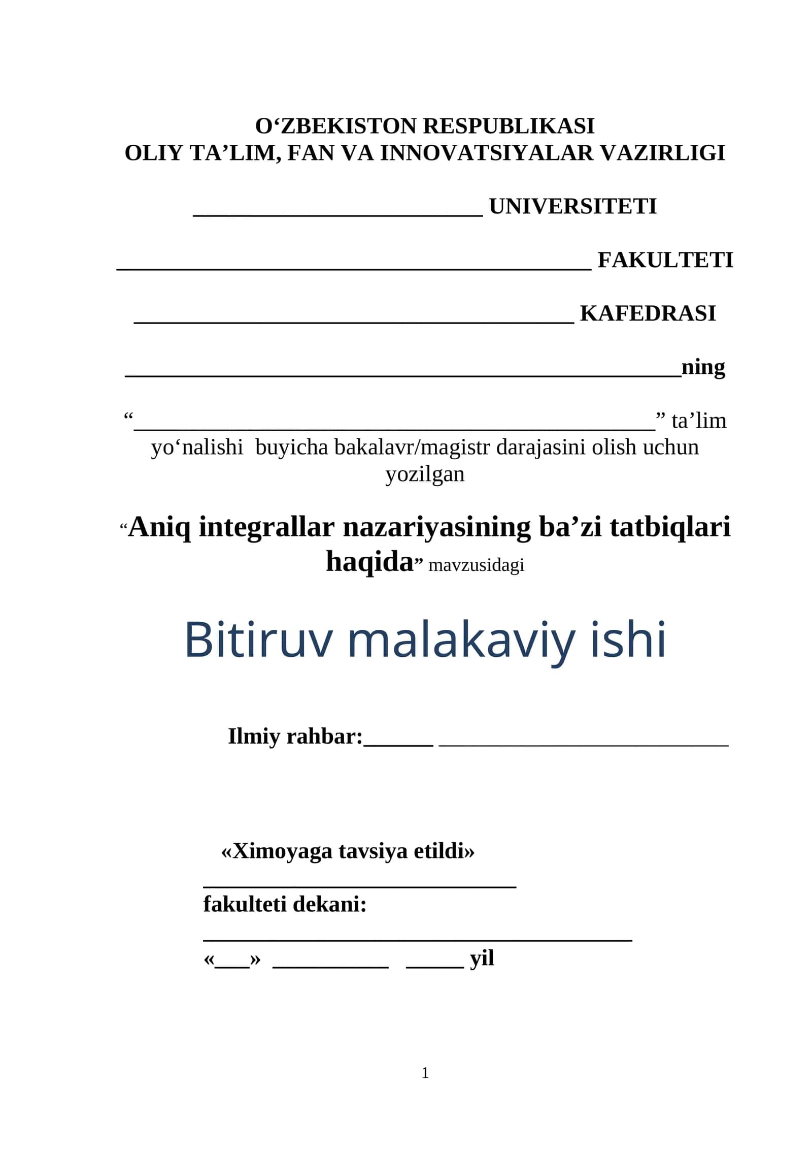 Aniq integrallar nazariyasining ba’zi tatbiqlari haqida 1