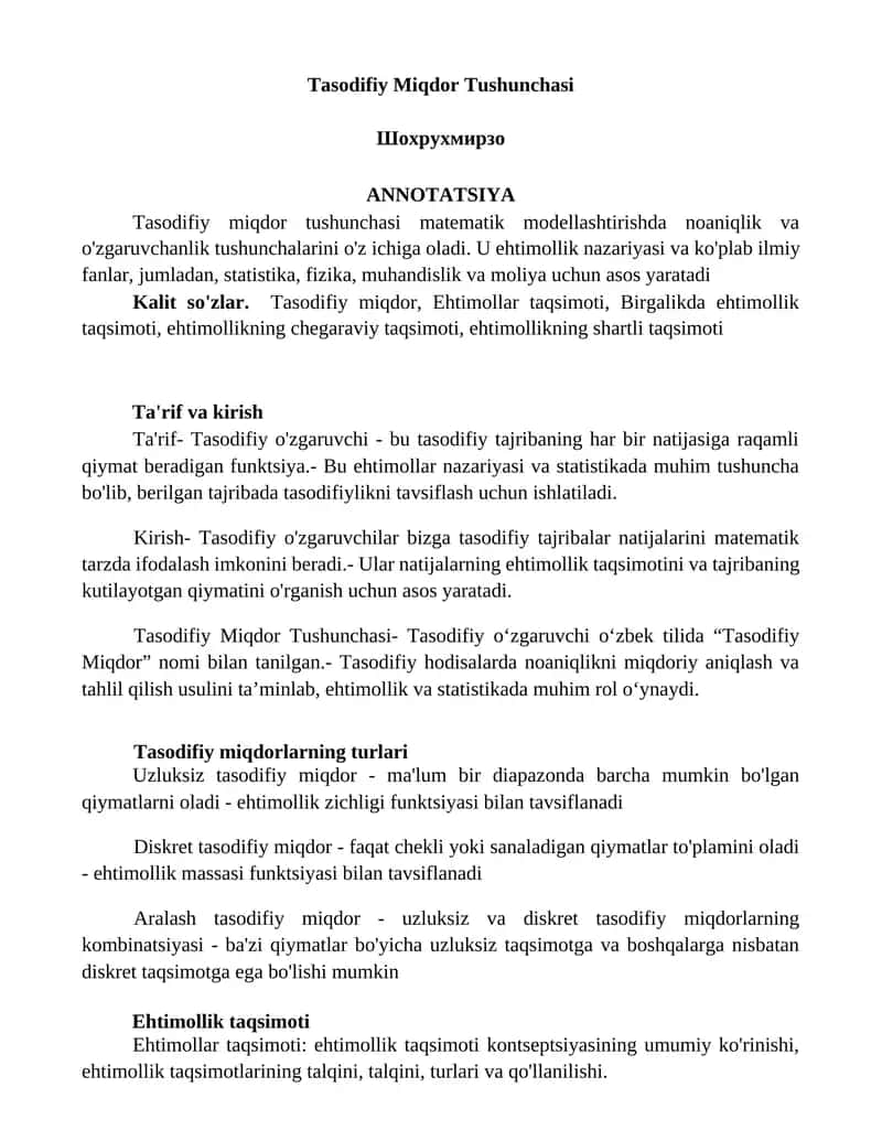 Tasodifiy Miqdor Tushunchasi 1
