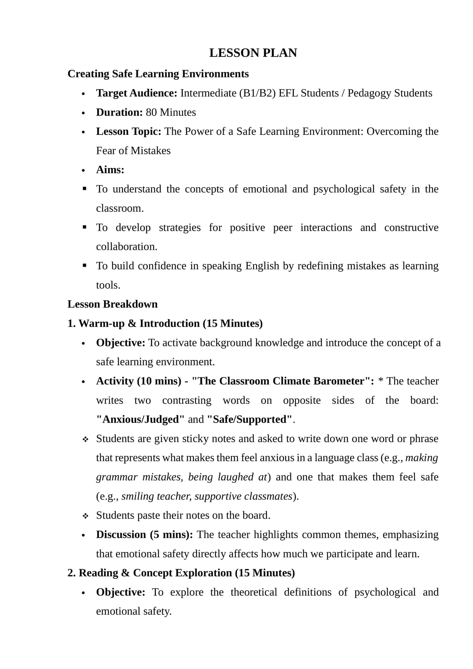 Lesson Plan: Creating Safe Learning Environments 1