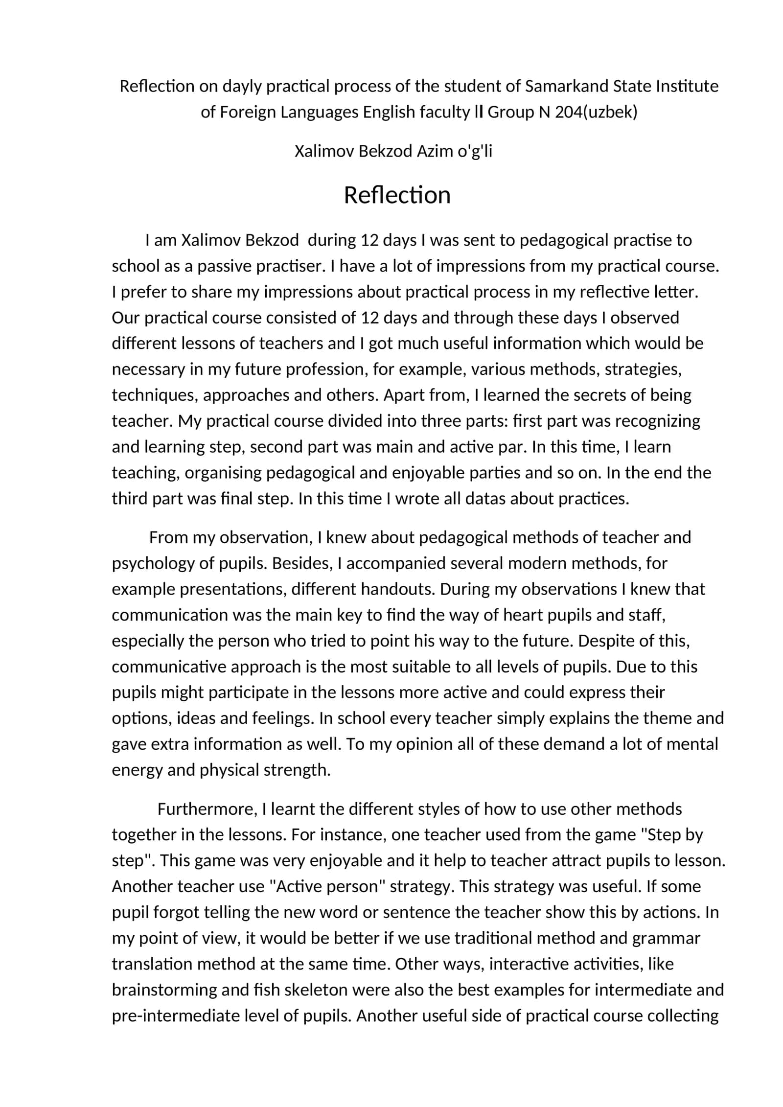 Reflection on dayly practical process of the student of Samarkand State Institute of Foreign Languages English faculty ll Group N 204(uzbek) 1
