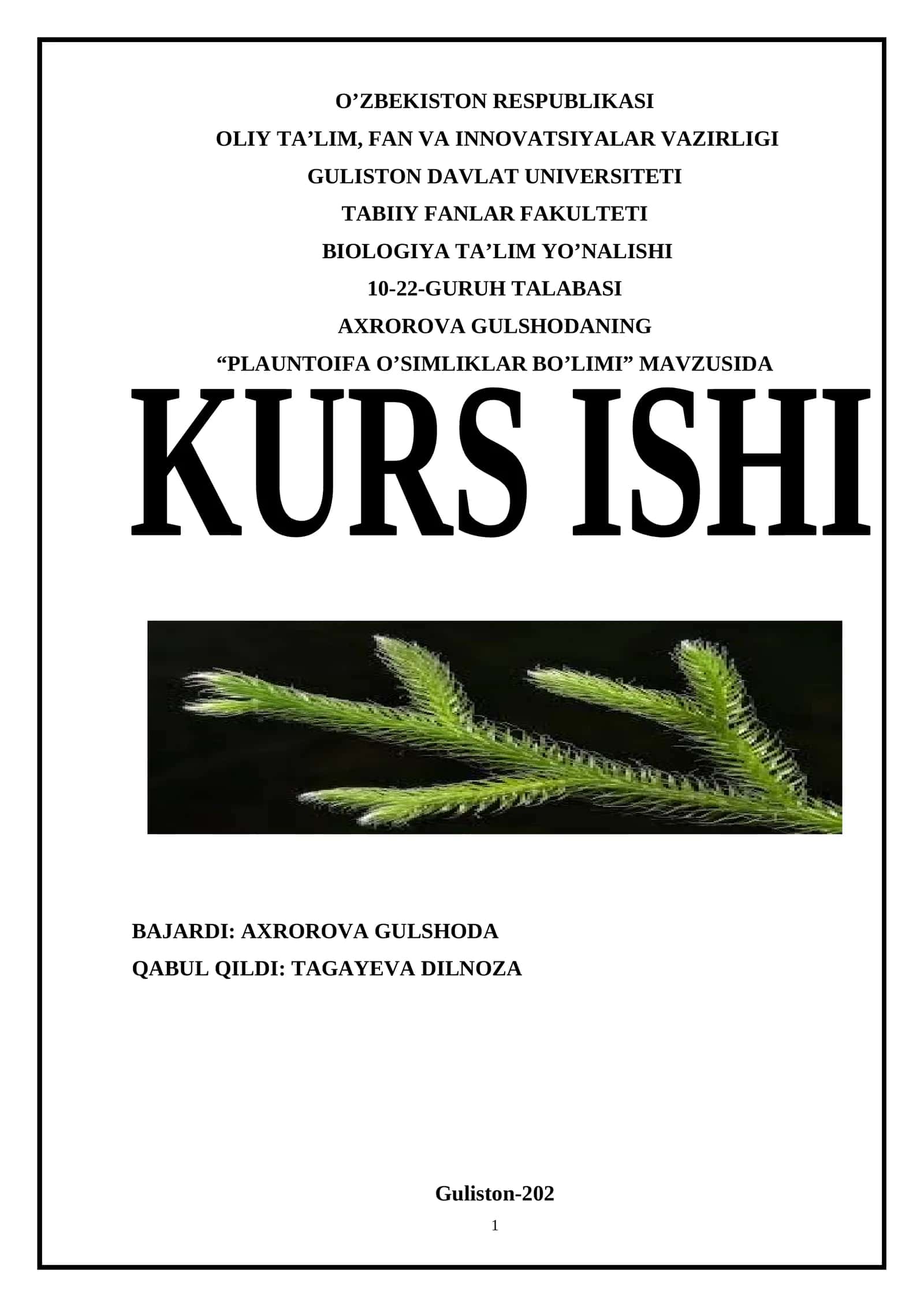 "PLAUNTOIFA O’SIMLIKLAR BO’LIMI" MAVZUSIDA 1
