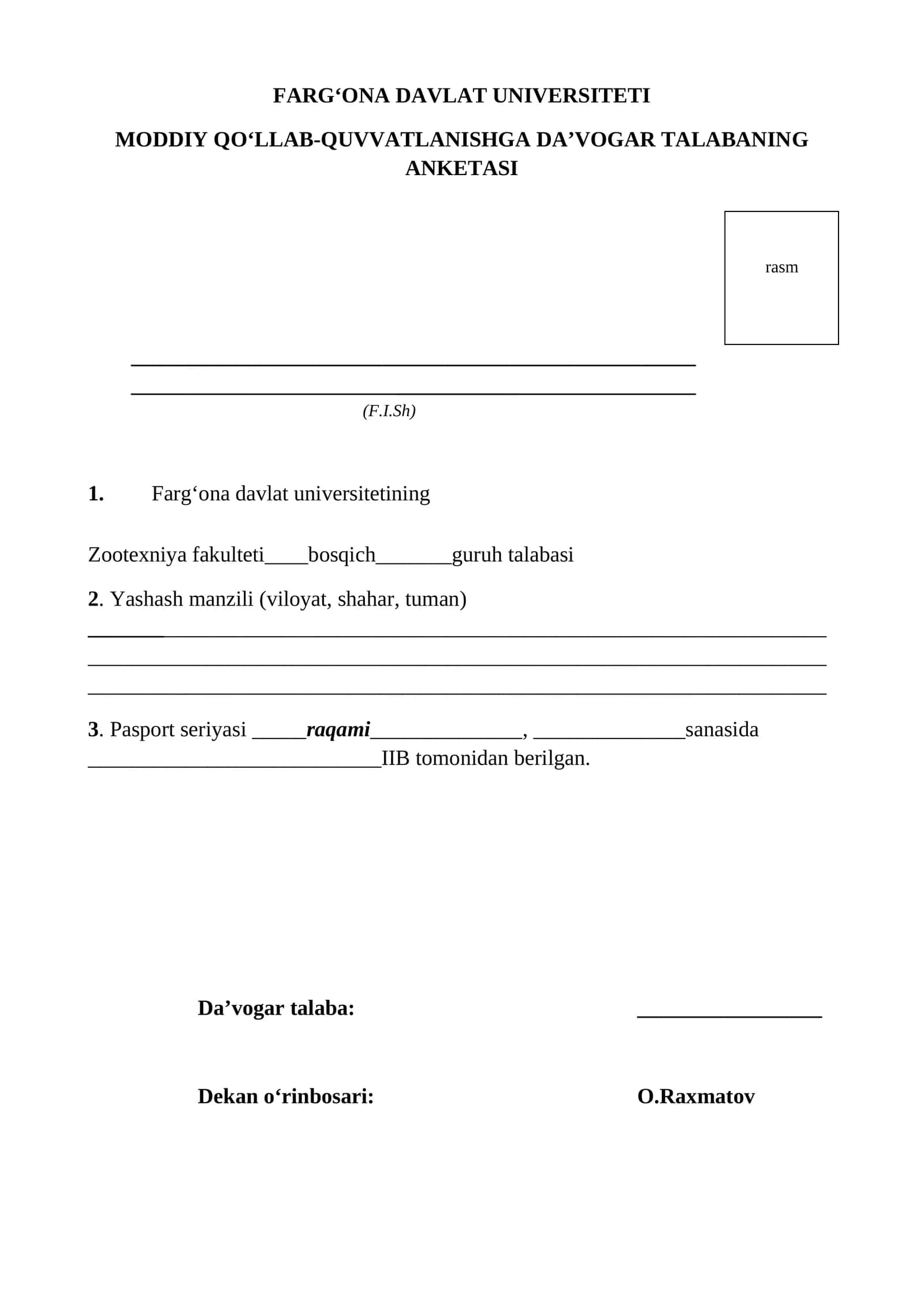 MODDIY QO‘LLAB-QUVVATLANISHGA DA’VOGAR TALABANING ANKETASI 1