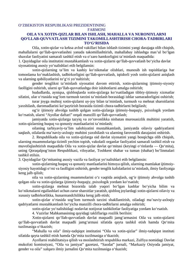 OILA VA XOTIN-QIZLAR BILAN ISHLASH, MAHALLA VA NURONIYLARNI QO‘LLAB-QUVVATLASH TIZIMINI TAKOMILLASHTIRISH CHORA-TADBIRLARI TO‘G‘RISIDA 1