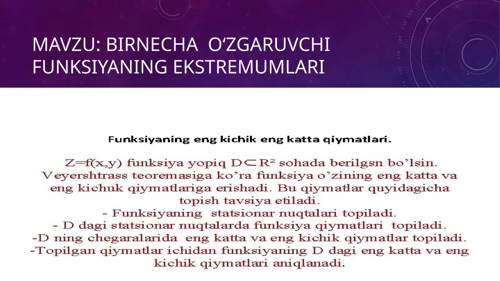 Birnechao‘zgaruvchi funksiyaningekstremUmlari 1
