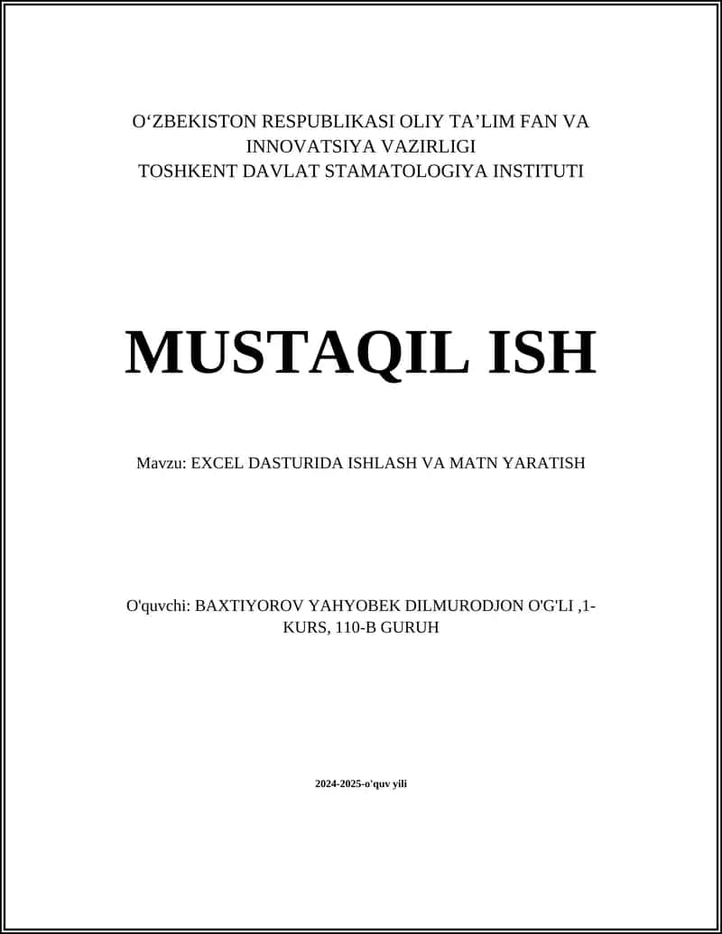 EXCEL DASTURIDA ISHLASH VA MATN YARATISH 1