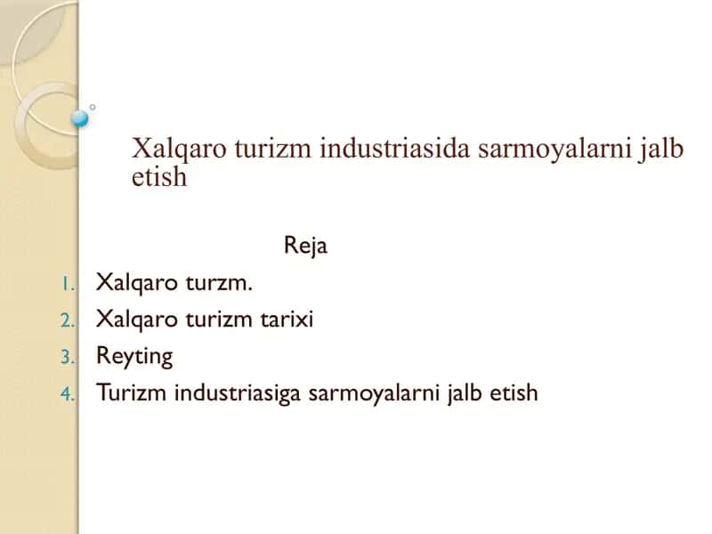 Xalqaro turizm sarmoyalarni jalb etish 1