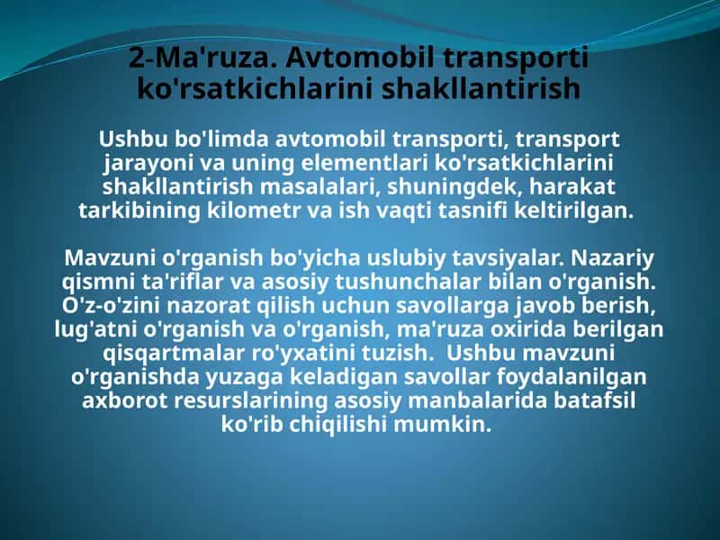 Avtomobil transporti ko'rsatkichlari 1