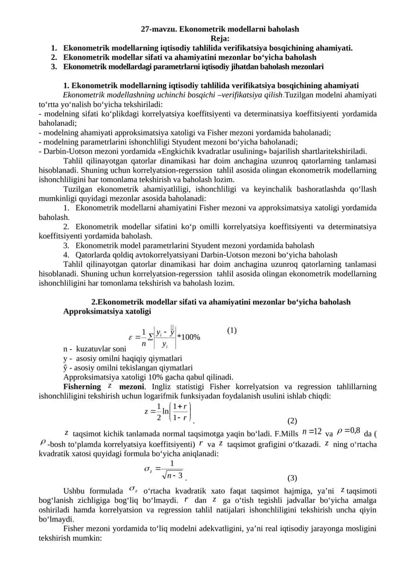 Ekonometrik modellarni baholash 1