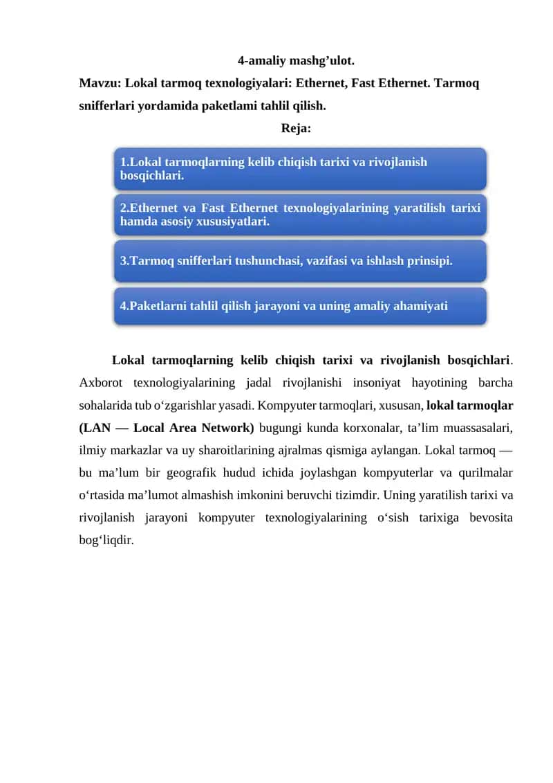 Lokal tarmoq texnologiyalari: Ethernet, Fast Ethernet 1