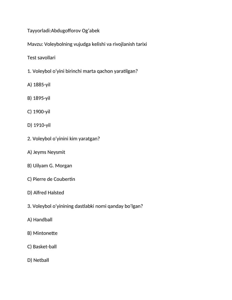 Voleybolning vujudga kelishi va rivojlanish tarixi 1