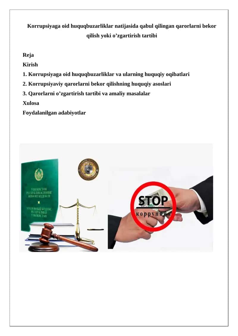 Korrupsiyaga oid huquqbuzarliklar natijasida qabul qilingan qarorlarni bekor qilish yoki o’zgartirish tartibi 1