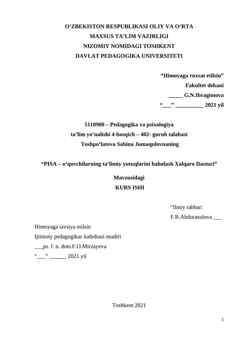PISA – oʻquvchilarning taʻlimiy yutuqlarini baholash Xalqaro Dasturi 1
