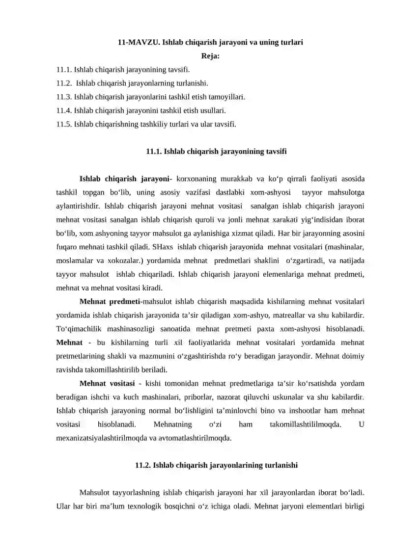 Ishlab chiqarish jarayoni va uning turlari