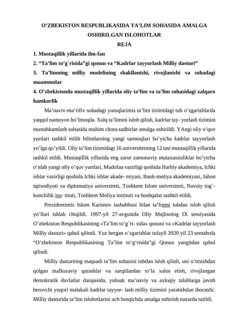 O’ZBEKISTON RESPUBLIKАSIDА TА’LIM SOHАSIDА АMАLGА OSHIRILGАN ISLOHOTLАR 1