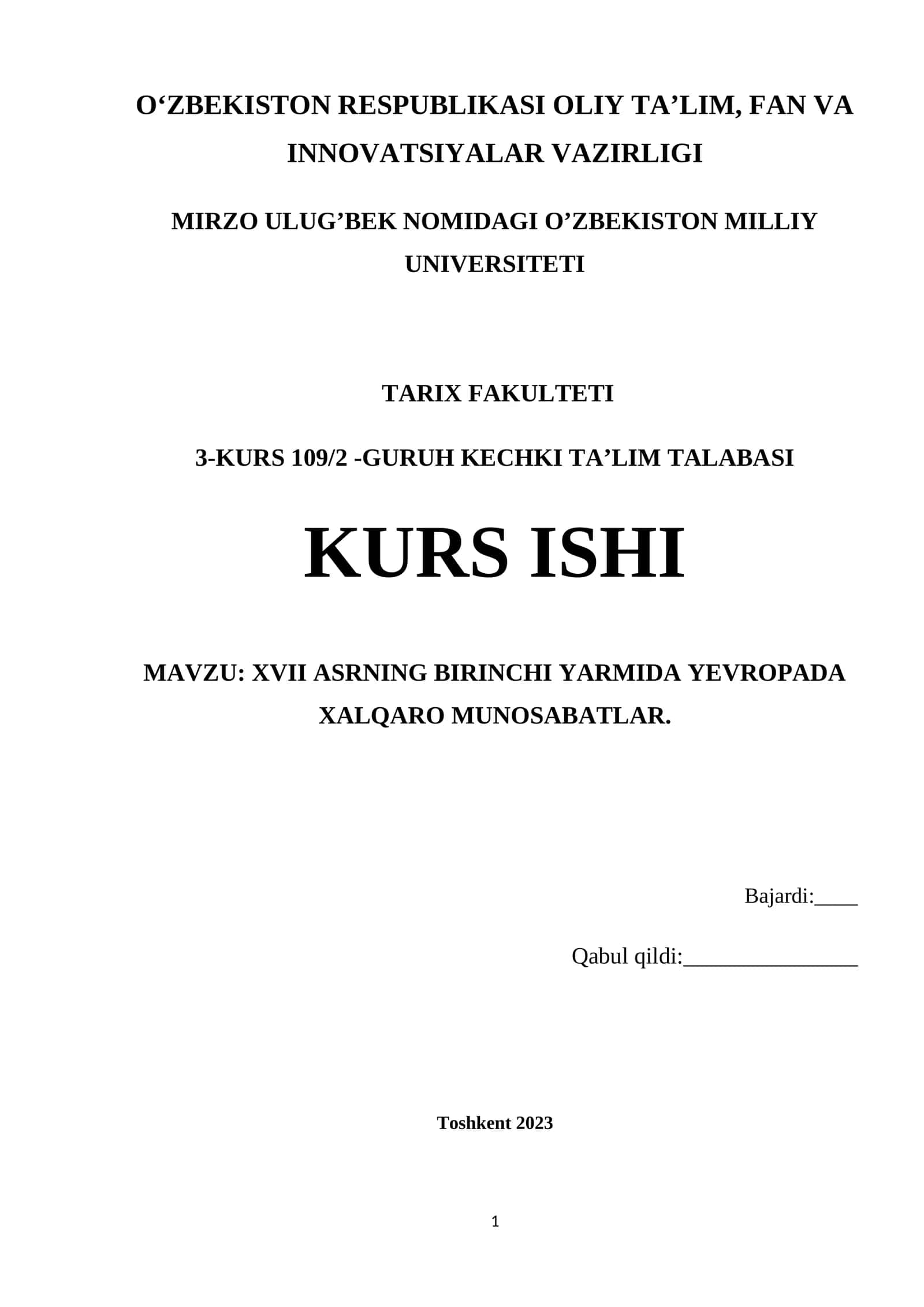 XVII ASRNING BIRINCHI YARMIDA YEVROPADA XALQARO MUNOSABATLAR 1