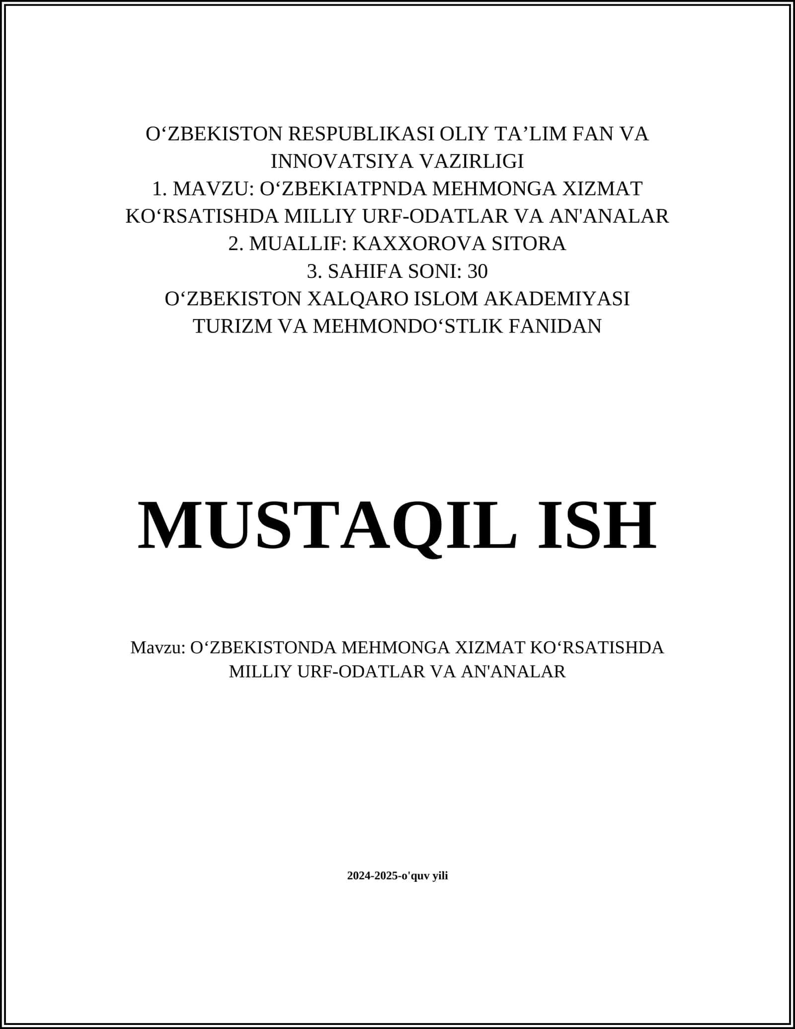 OʻZBEKISTONDA MEHMONGA XIZMAT KOʻRSATISHDA MILLIY URF-ODATLAR VA AN'ANALAR 1
