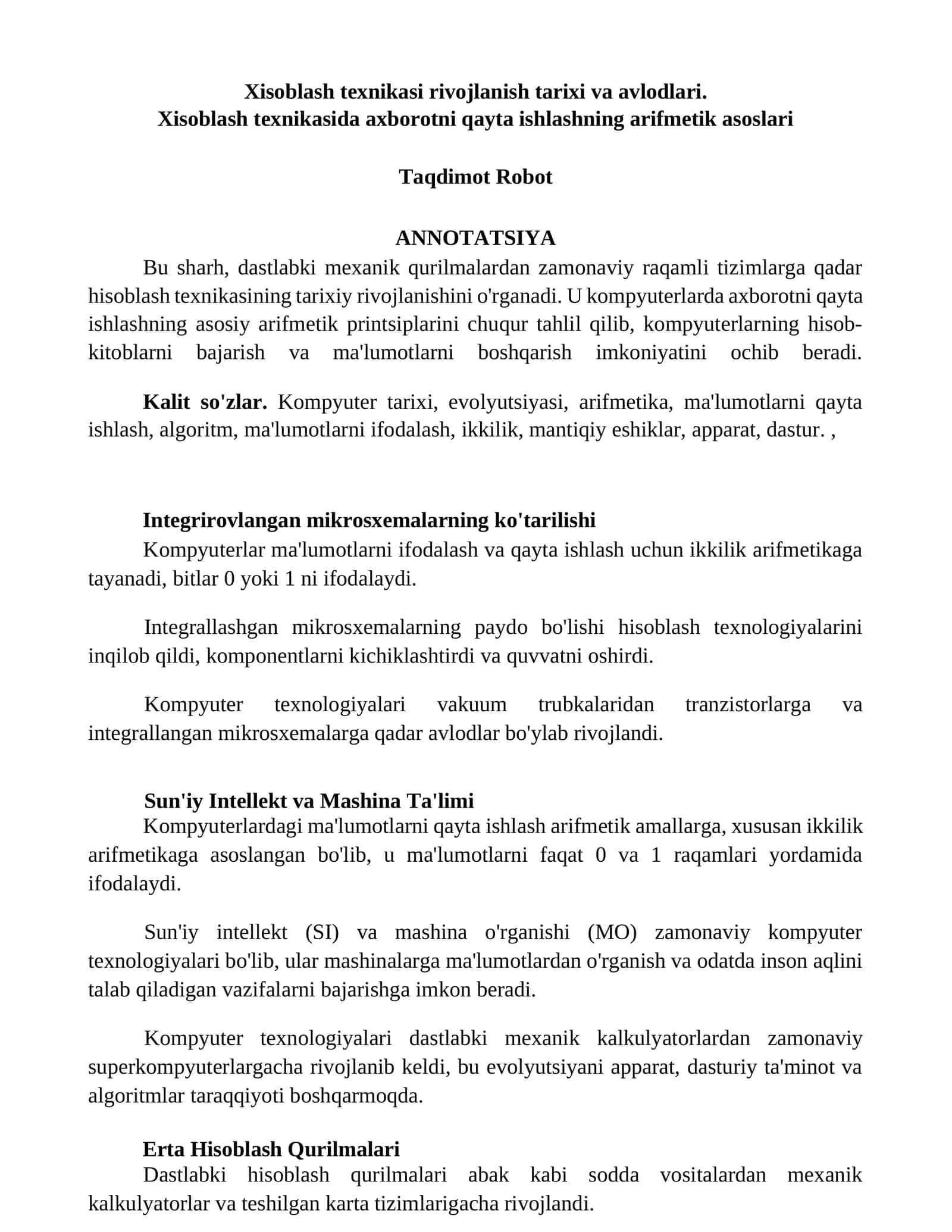 Xisoblash texnikasi rivojlanish tarixi va avlodlari 1
