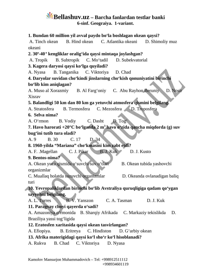 6-sinf. Geograiya. 1-variant. 1