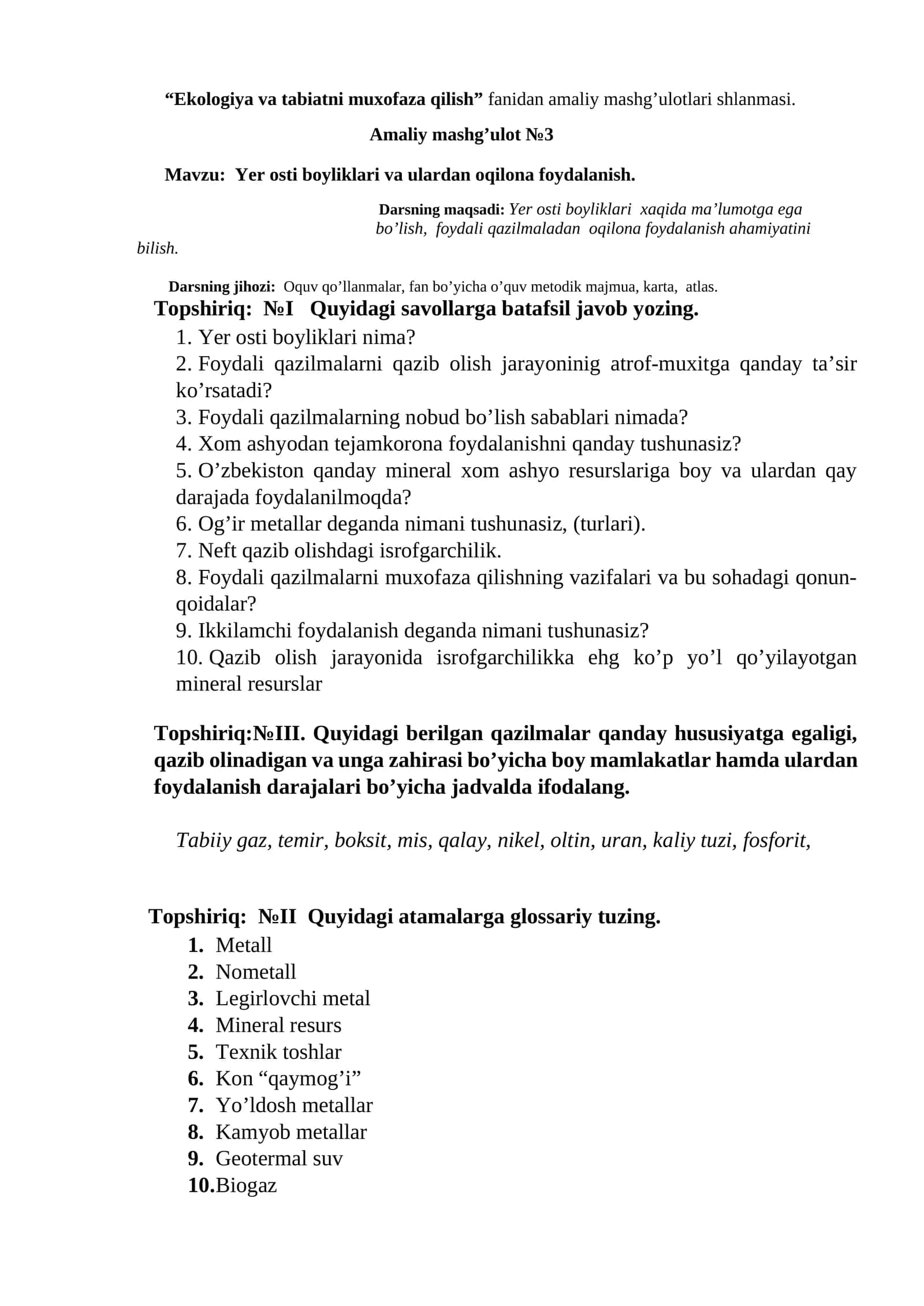 Mavzu: Yer osti boyliklari va ulardan oqilona foydalanish 1