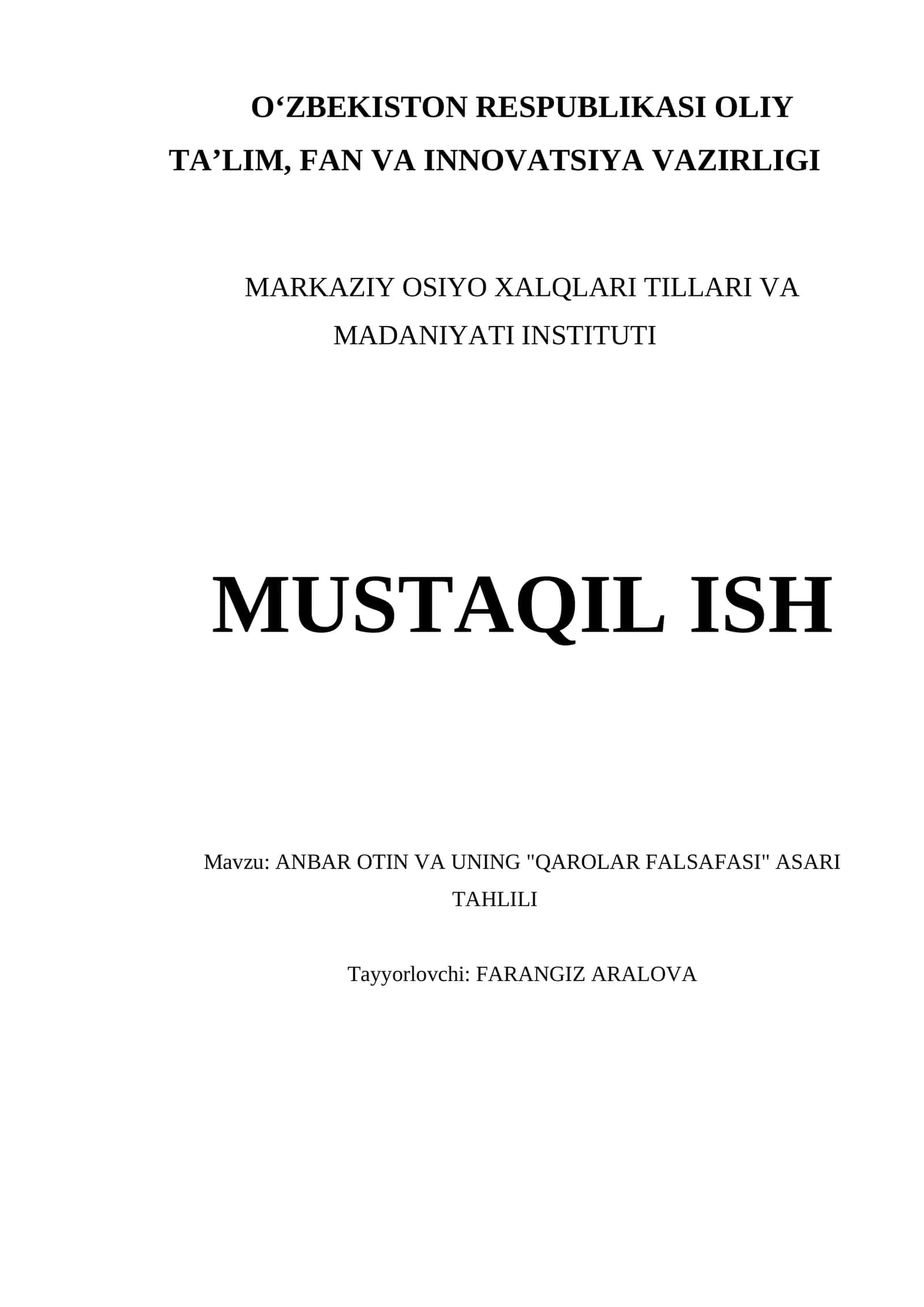 ANBAR OTIN VA UNING "QAROLAR FALSAFASI" ASARI TAHLILI 1