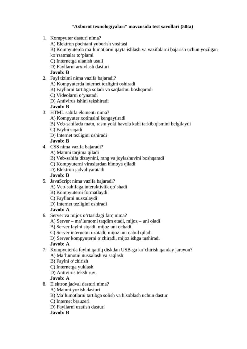 Axborot texnologiyalari test 1
