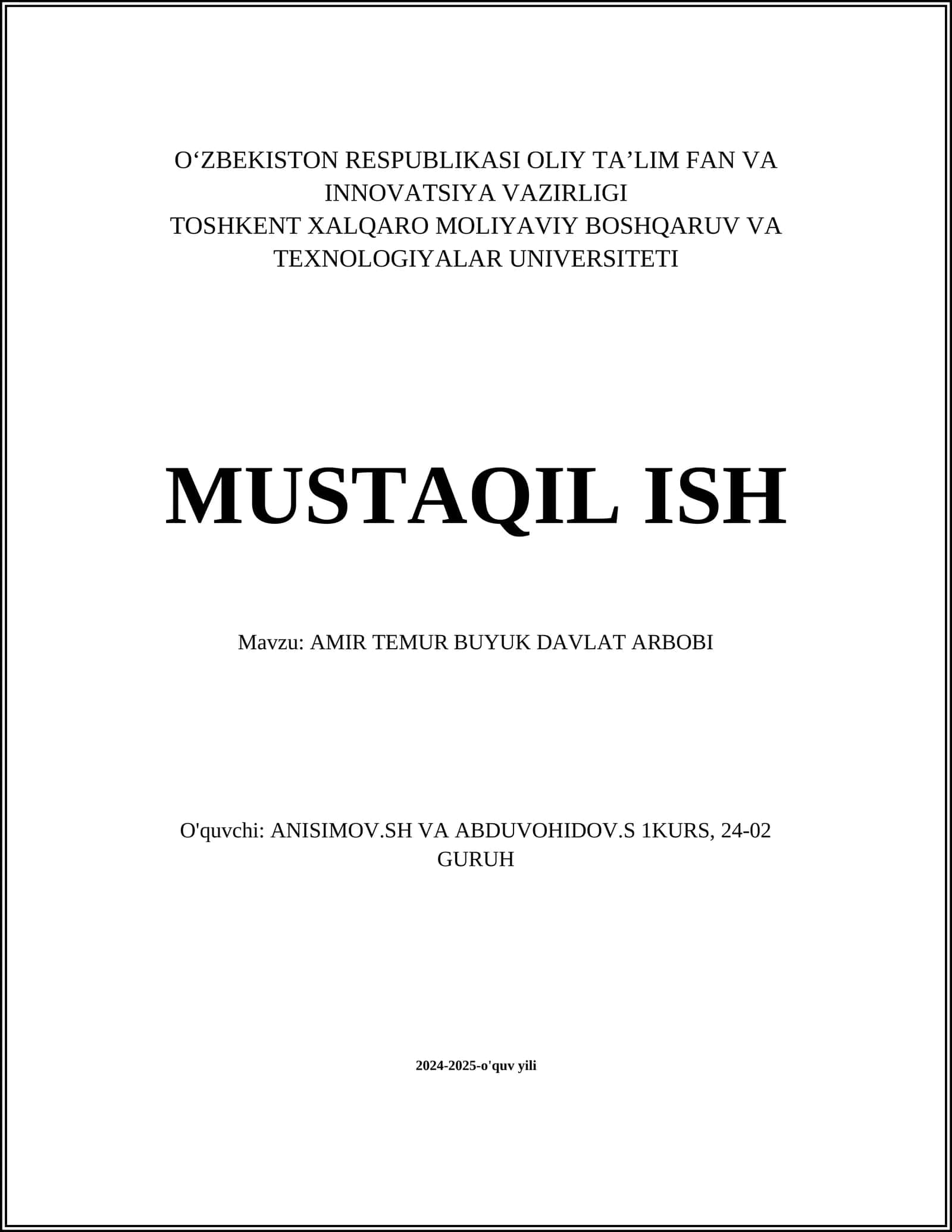 AMIR TEMUR BUYUK DAVLAT ARBOBI 1