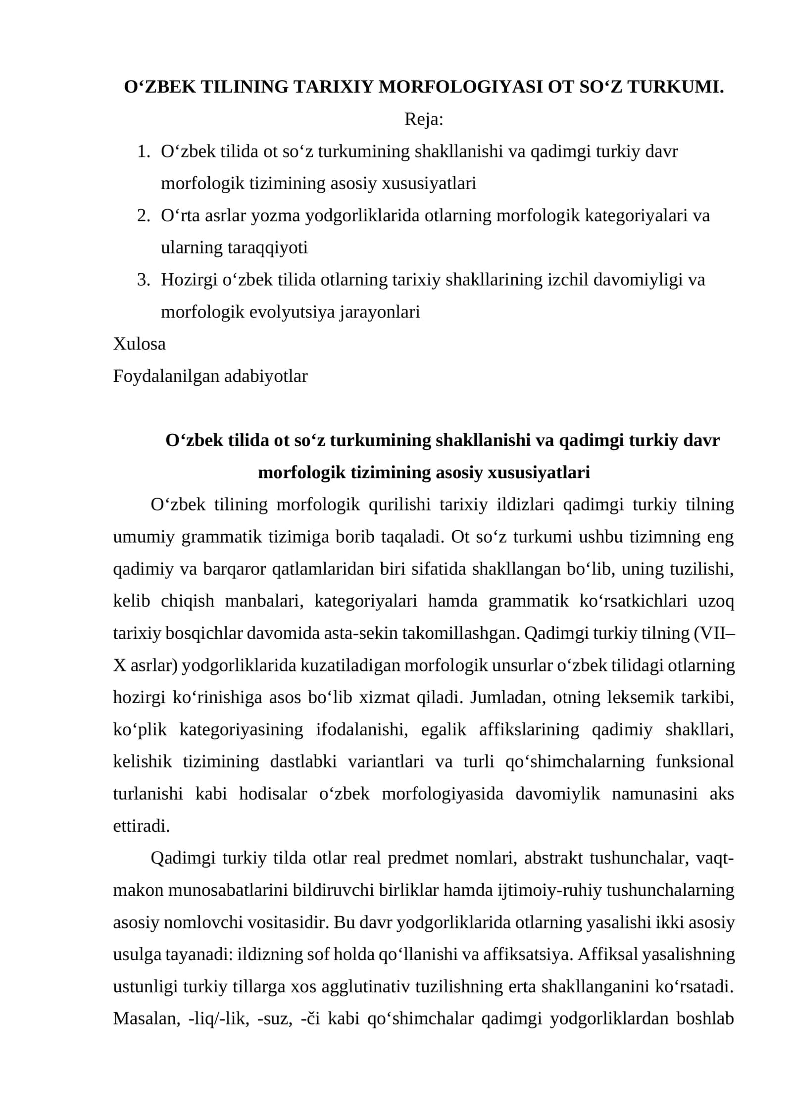 O‘ZBEK TILINING TARIXIY MORFOLOGIYASI OT SO‘Z TURKUMI 1